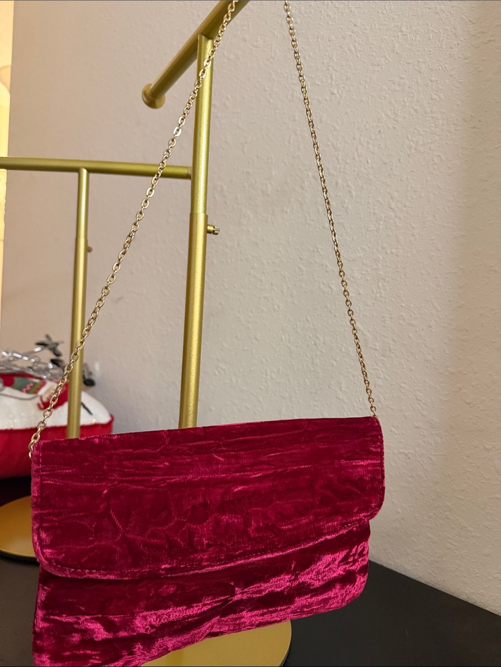 Crushed Velvet Foldover Wristlet Clutch in Deep Ruby with Gold Chain